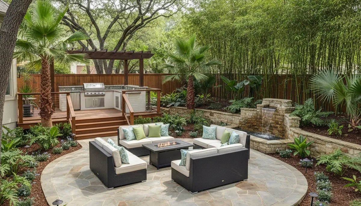 Backyard patio with lighting and landscape beds by Chop Chop Landscaping in Houston, TX