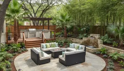 Backyard patio with lighting and landscape beds by Chop Chop Landscaping in Houston, TX