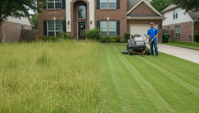 Before and after lawn mowing showing trimmed grass transformation by landscapers in Houston, TX