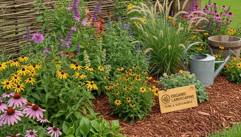 Organic landscape beds with natural mulch and native plants in Houston, TX by Chop Chop Landscaping