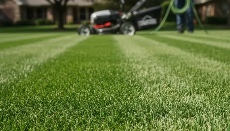Close-up of professionally mowed green lawn grass blades in Houston, TX by Chop Chop Landscaping