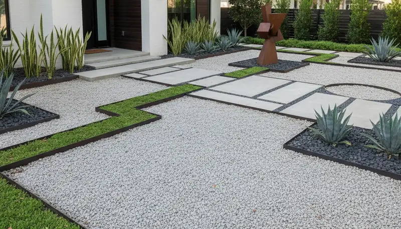 Modern pea gravel landscape with clean lines and architectural plants in Houston, TX