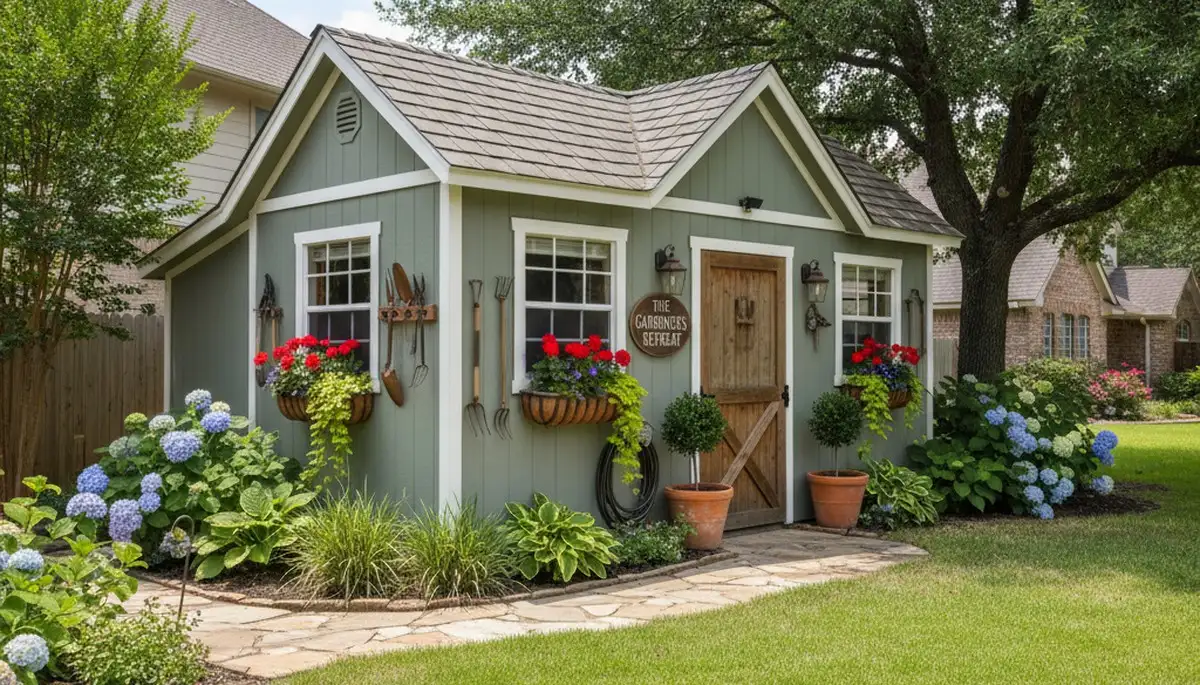 Decorative garden shed installation enhancing backyard landscaping in Houston, TX