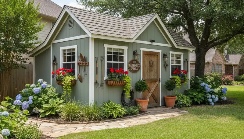 Decorative garden shed installation enhancing backyard landscaping in Houston, TX