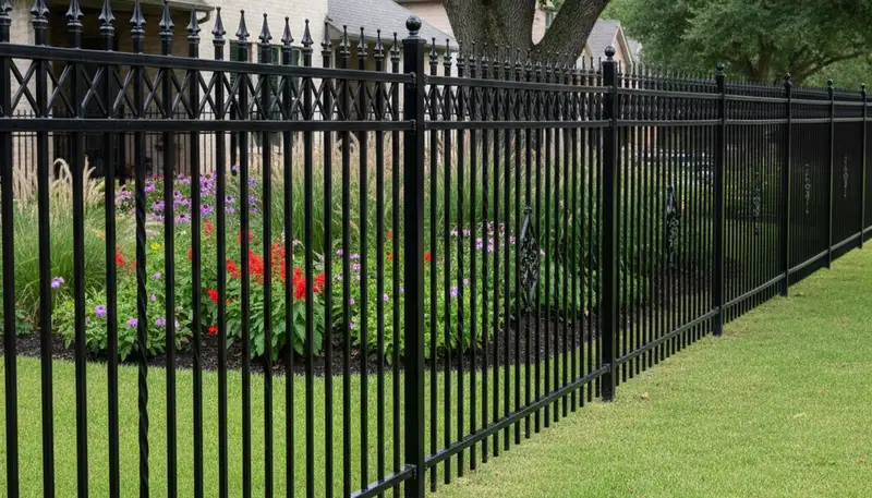 Black ornamental metal fence installation by landscaping experts in Houston, TX enhancing curb appeal