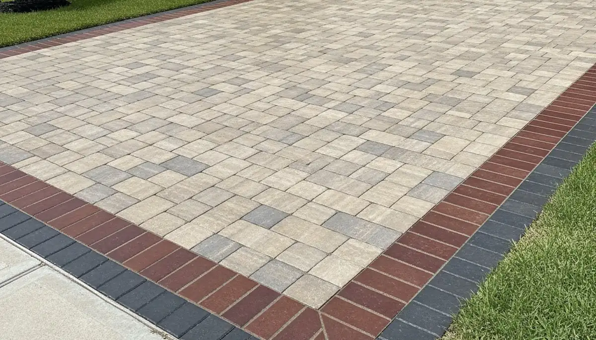 Decorative driveway paver border and edging detail by professional landscapers in Houston, TX