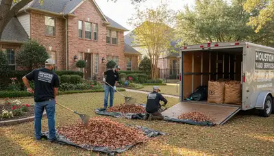 Houston TX landscapers raking and bagging fall leaves during professional yard clean up service