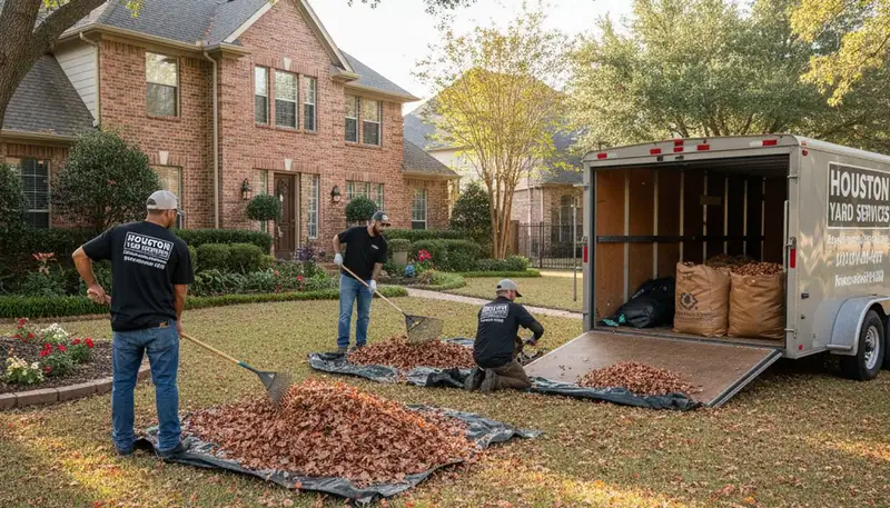 Houston TX landscapers raking and bagging fall leaves during professional yard clean up service