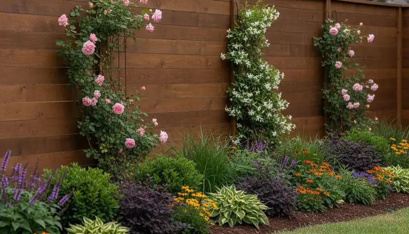 Custom wooden fence with lush landscape plantings in Houston, TX by Chop Chop Landscaping