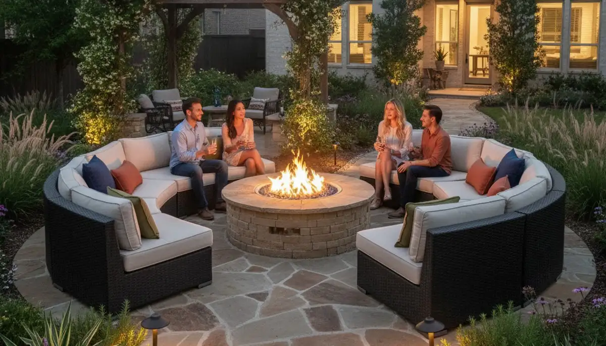 Houston TX fire pit patio with seating and lighting by professional landscaping experts