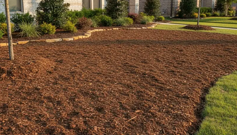 Fresh mulch installation with clean edges and rich color by landscaping pros in Houston, TX
