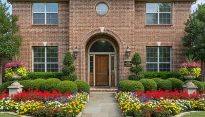 Front yard curb appeal landscaping with flowering beds and shrubs at Houston, TX home entrance