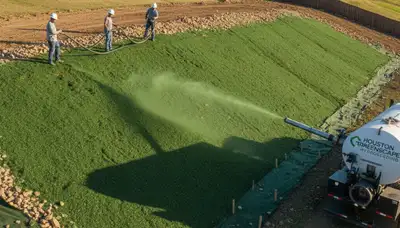 Hydroseeded hillside for erosion control in Houston TX showing mulch adhesion on steep slope