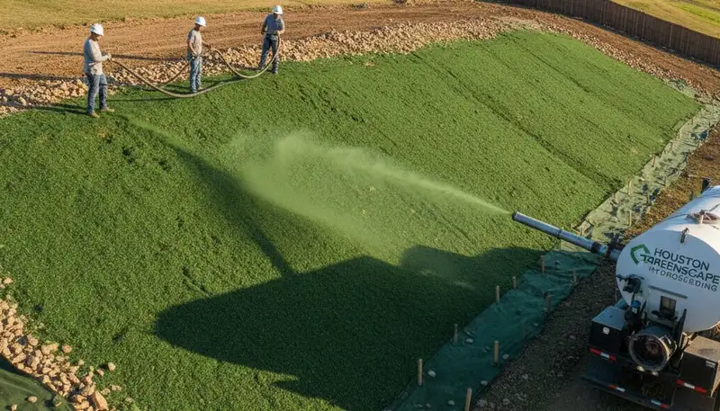 Hydroseeded hillside for erosion control in Houston TX showing mulch adhesion on steep slope