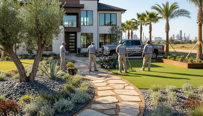 Houston, TX landscaping service team providing professional lawn care and landscape maintenance