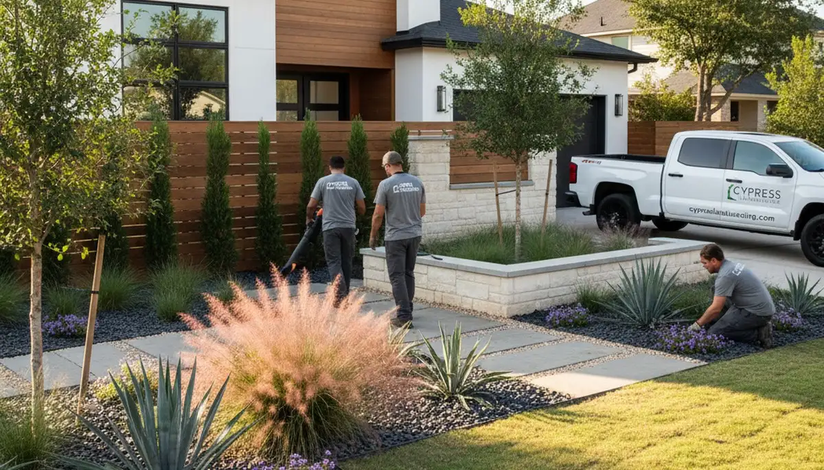 Houston, TX landscaping service team maintaining a residential lawn and garden
