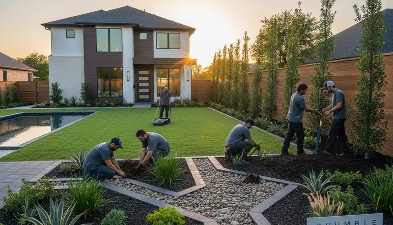 Houston, TX landscaping service team maintaining a residential yard with professional lawn care equipment
