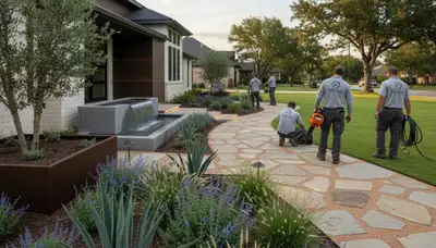 Houston, TX landscaping crew providing professional lawn care and landscape maintenance services