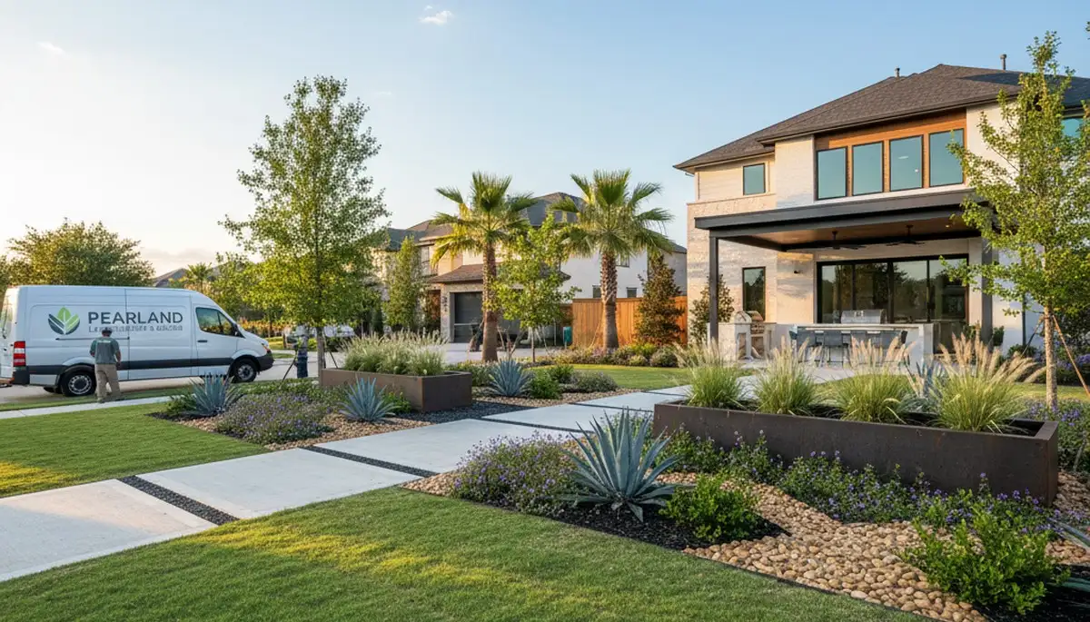 Houston, TX landscaping service crew maintaining a commercial landscape in a residential neighborhood
