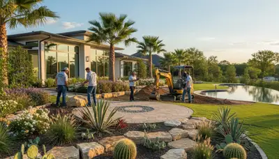 Houston, TX landscaping service team maintaining a residential yard with professional lawn care equipment
