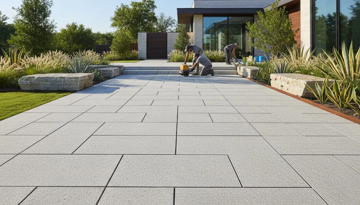 Modern large format stone slab patio installation by Chop Chop Landscaping in Houston, TX