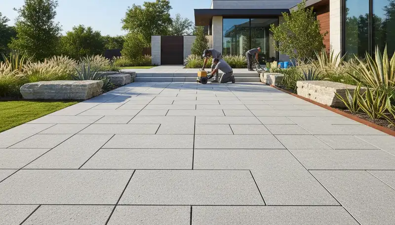 Modern large format stone slab patio installation by Chop Chop Landscaping in Houston, TX