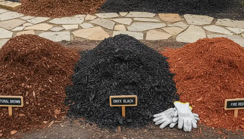 Brown, black, and red mulch color display for premium landscaping in Houston, TX