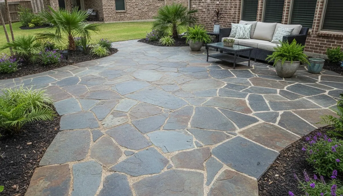 Flagstone patio with natural stone pavers installed by Houston TX landscaping professionals