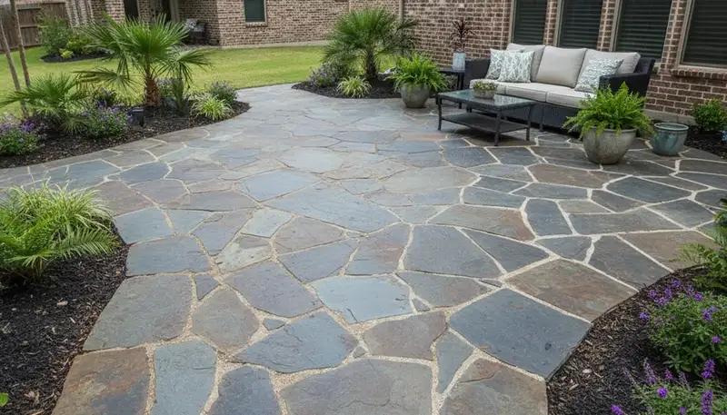 Flagstone patio with natural stone pavers installed by Houston TX landscaping professionals