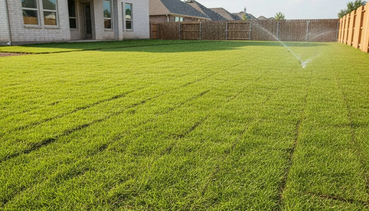 Newly installed vibrant green sod lawn by professional landscapers in Houston, TX