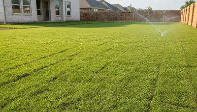 Newly installed vibrant green sod lawn by professional landscapers in Houston, TX