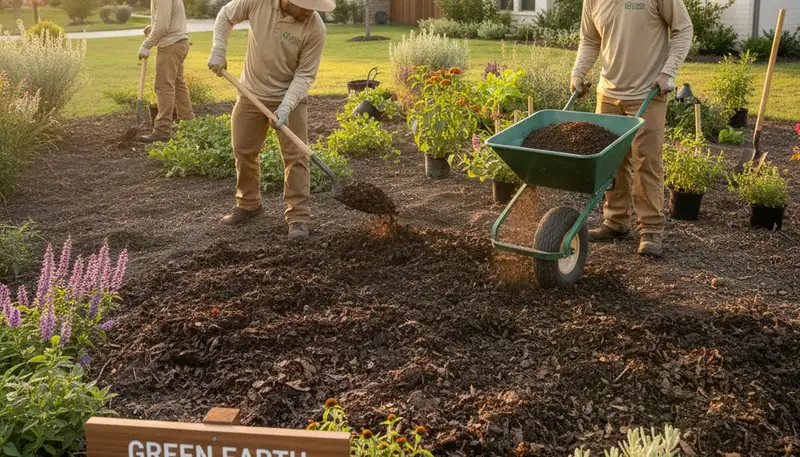Professional organic soil amendment application by landscapers in Houston, TX