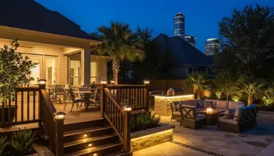 Illuminated deck and patio with layered landscape lighting by Chop Chop Landscaping in Houston, TX