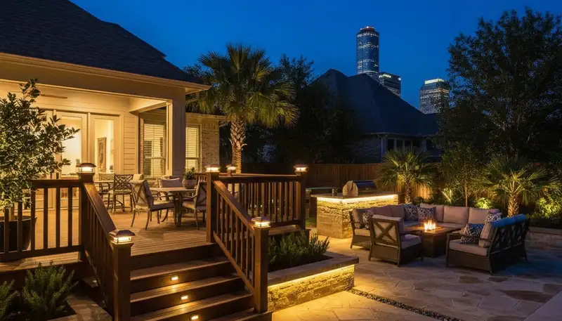 Illuminated deck and patio with layered landscape lighting by Chop Chop Landscaping in Houston, TX