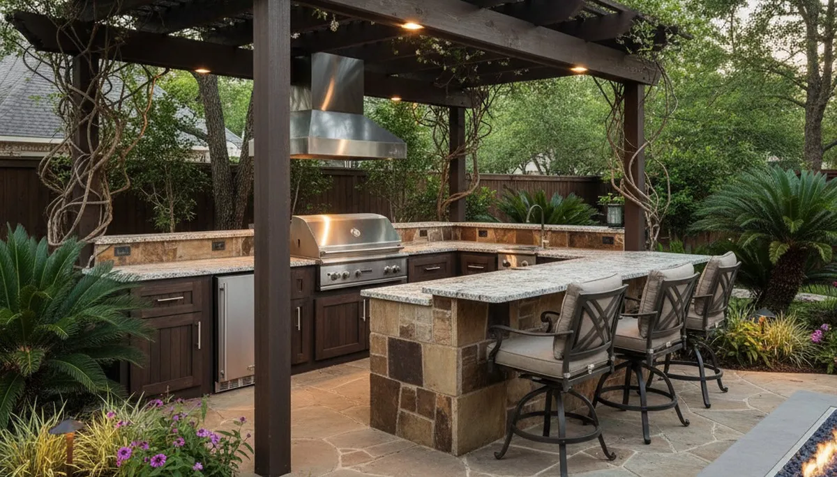 Luxury outdoor kitchen with pergola and native landscaping design in Houston, TX backyard