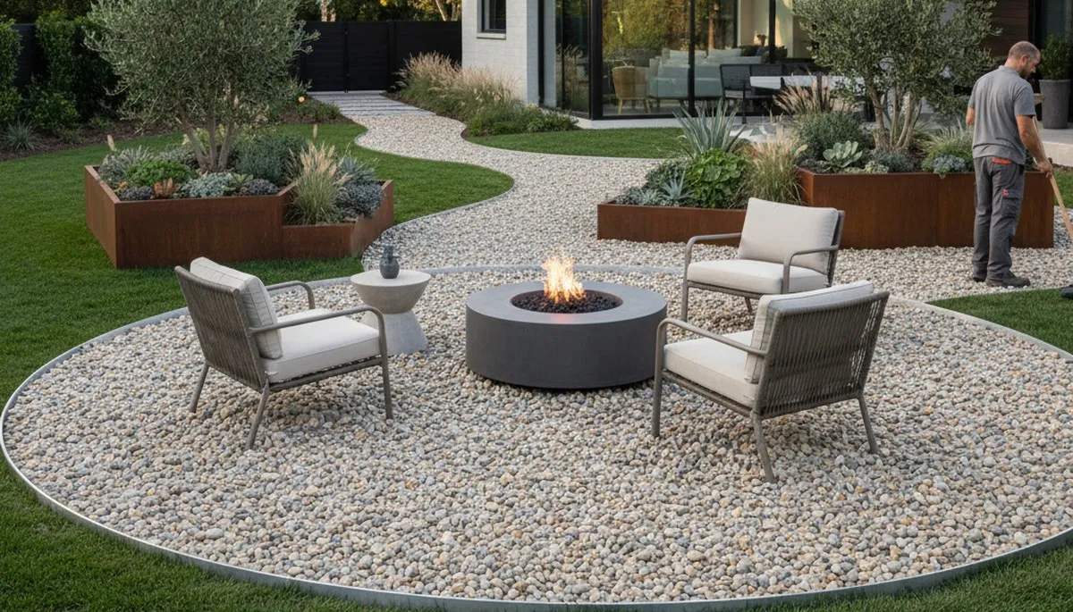 Professional pea gravel installation for Houston TX landscape pathways by Chop Chop Landscaping