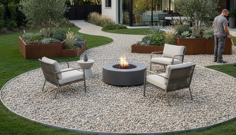 Professional pea gravel installation for Houston TX landscape pathways by Chop Chop Landscaping