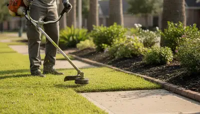 Technician performing precision lawn edging with string trimmer in Houston, TX landscaping service