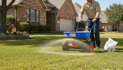 Professional applying lawn fertilizer with spreader in Houston TX for expert lawn care service