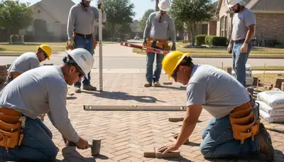 Houston TX crew installing driveway pavers with precision base prep and professional landscaping craftsmanship