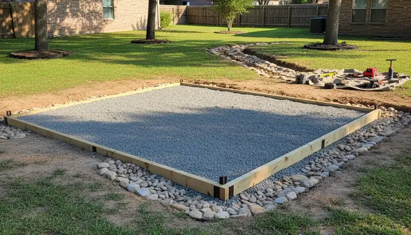 Professional shed foundation preparation with gravel base by Chop Chop Landscaping in Houston, TX