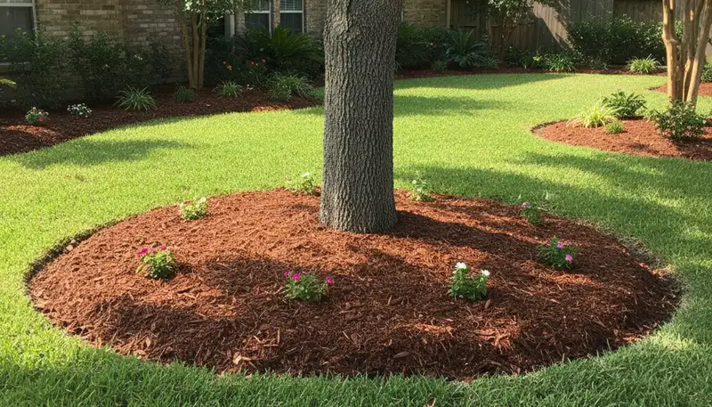 Professional tree ring mulching around tree base in Houston, TX by Chop Chop Landscaping