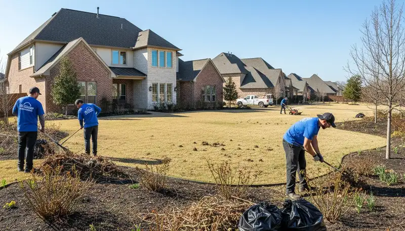 Professional landscapers performing spring yard clean up and bed prep in Houston, TX