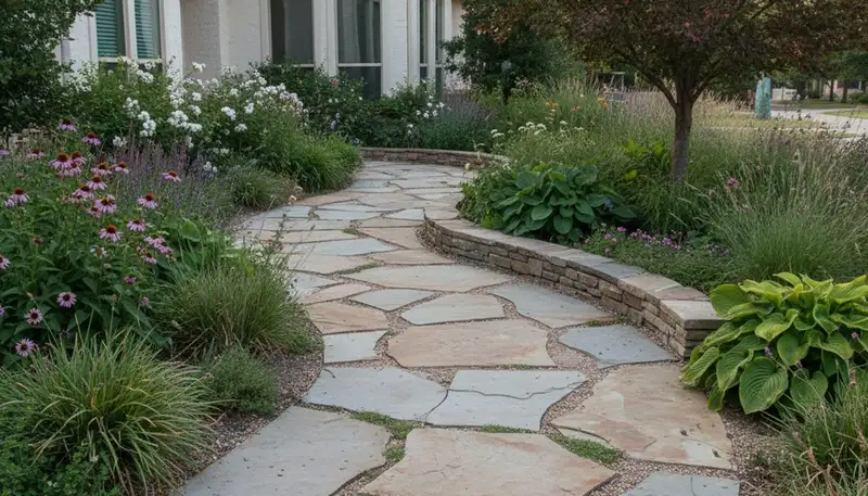 Curved stone paver walkway in residential garden, expert landscaping installation in Houston, TX