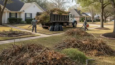 Crew clearing storm debris and fallen branches during yard clean up in Houston, TX landscaping service