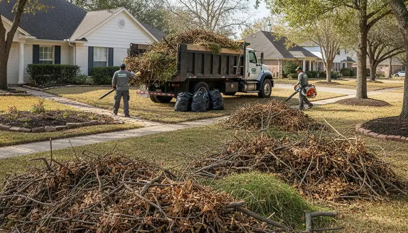 Crew clearing storm debris and fallen branches during yard clean up in Houston, TX landscaping service