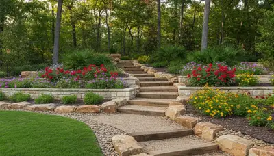 Terraced garden with timber steps and native plants by professional landscapers in Houston, TX