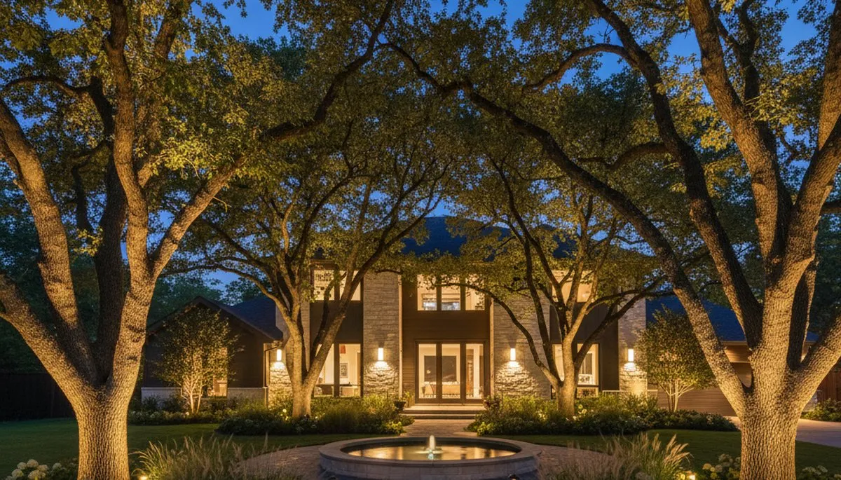 Uplit trees with professional landscape lighting design by Chop Chop Landscaping in Houston, TX