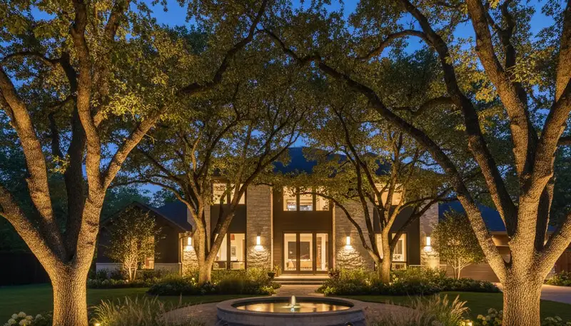Uplit trees with professional landscape lighting design by Chop Chop Landscaping in Houston, TX