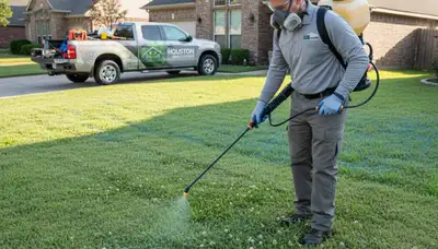 Technician applying weed control treatment on lawn in Houston, TX for Chop Chop Landscaping